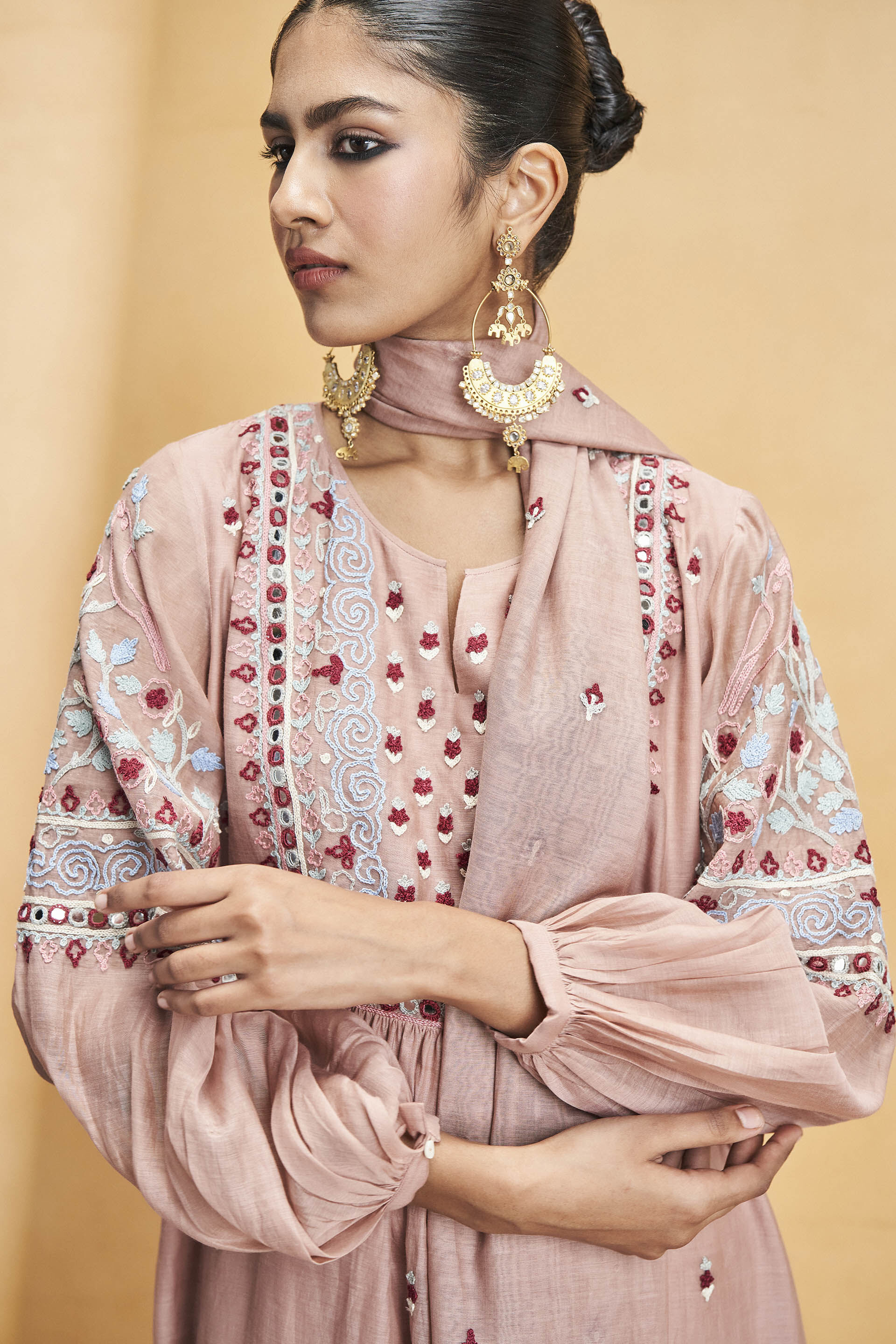 Philomel Embroidered Zardozi Silk Suit Set - Old Rose, Old Rose, image 4